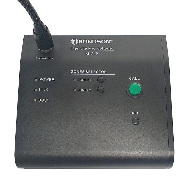 Rondson MIC-2 2-zone call microphone console for AM-2 series amplifiers, 3 zone buttons provide an easy-to-use control interface for zone calling, one general (ALL) and one for each zone (1 to 2)
