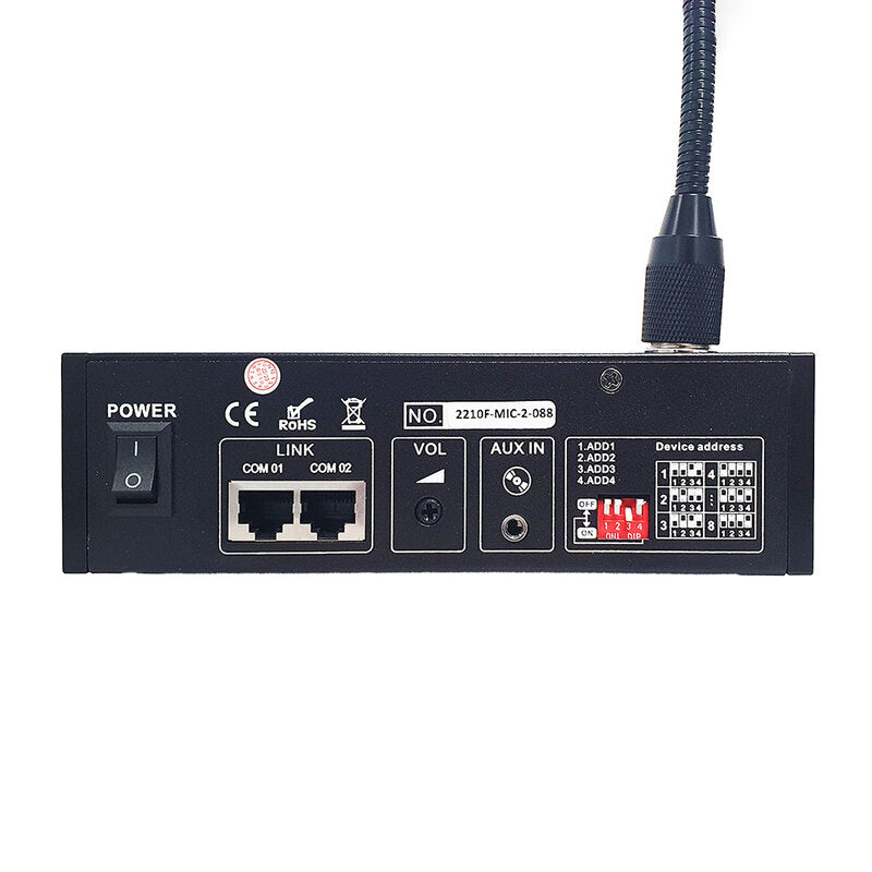 Rondson MIC-2 2-zone call microphone console for AM-2 series amplifiers, 3 zone buttons provide an easy-to-use control interface for zone calling, one general (ALL) and one for each zone (1 to 2)
