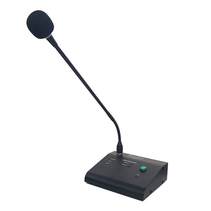 Rondson MIC-2 2-zone call microphone console for AM-2 series amplifiers, 3 zone buttons provide an easy-to-use control interface for zone calling, one general (ALL) and one for each zone (1 to 2)