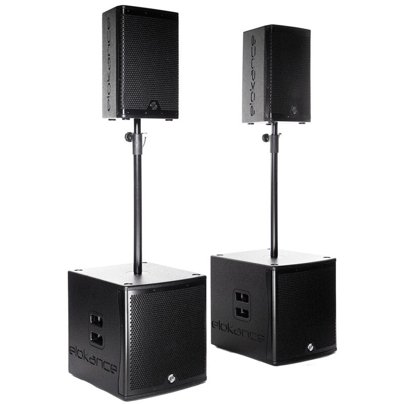 Elokance ELO 1300 MK2 1300 W RMS PA loudspeaker system consisting of 2 x ELO 10 MK2 satellites and 2 x ELO SUB15A MK2 subwoofers, DSP