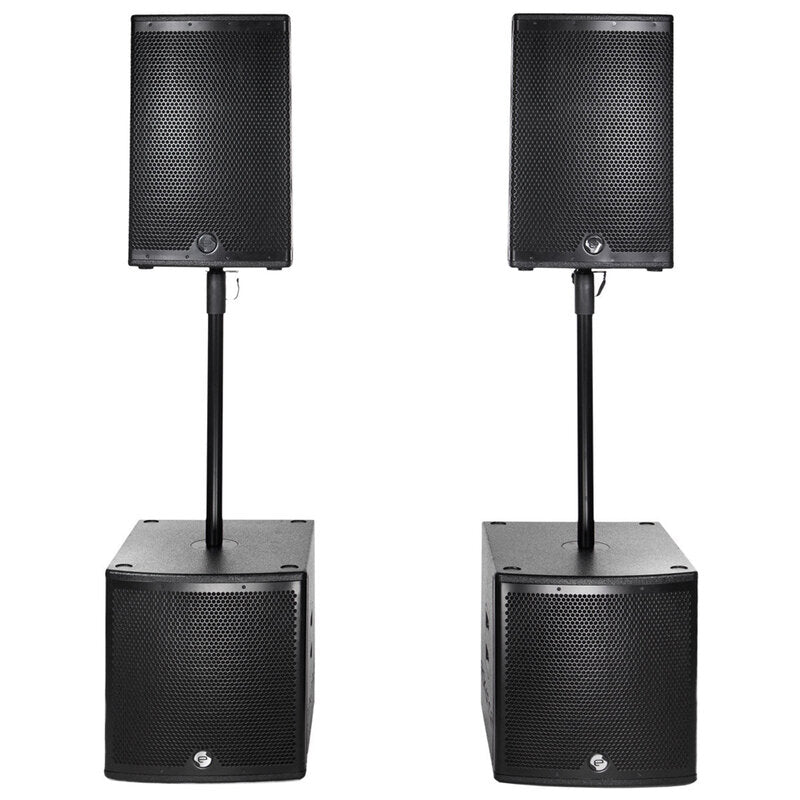 Elokance ELO 1500 MK2 1500 W RMS PA loudspeaker system consisting of 2 x ELO 12 MK2 satellites and 2 x ELO SUB15A MK2 subwoofers, DSP
