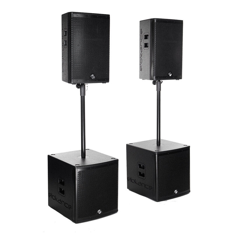 Elokance ELO 1500 MK2 1500 W RMS PA loudspeaker system consisting of 2 x ELO 12 MK2 satellites and 2 x ELO SUB15A MK2 subwoofers, DSP