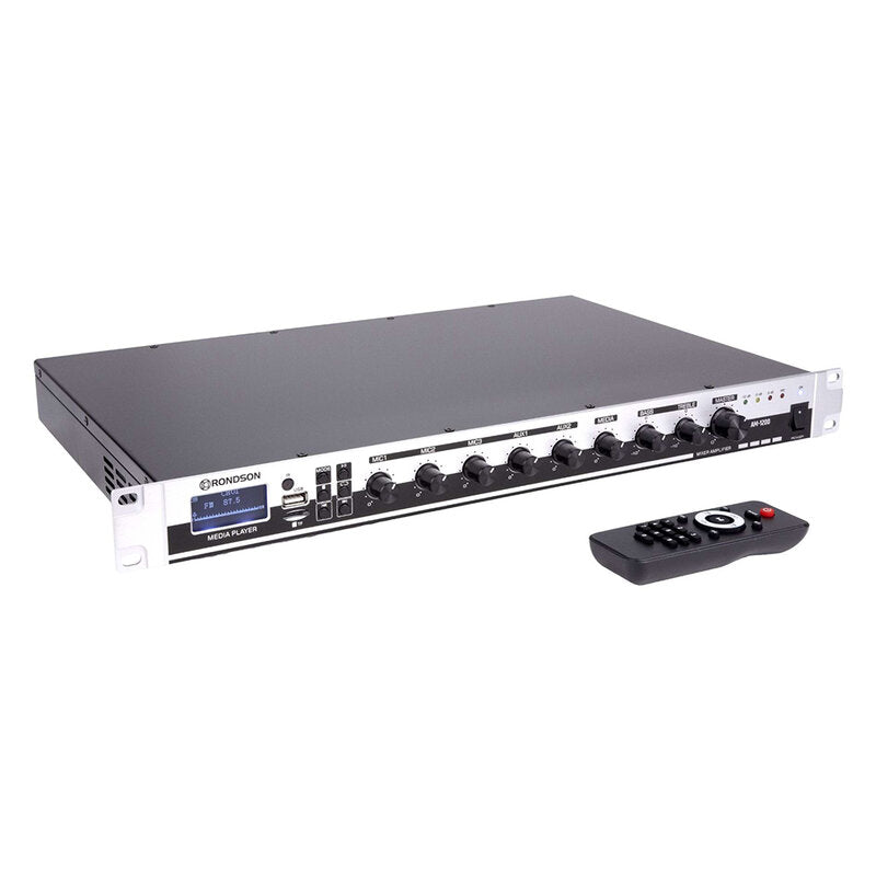 Rondson AM-120D 120 W mixer / amplifier on 100 V line, media player, ringtone and siren functions via Euroblock, telephone paging, 19" 1U rack