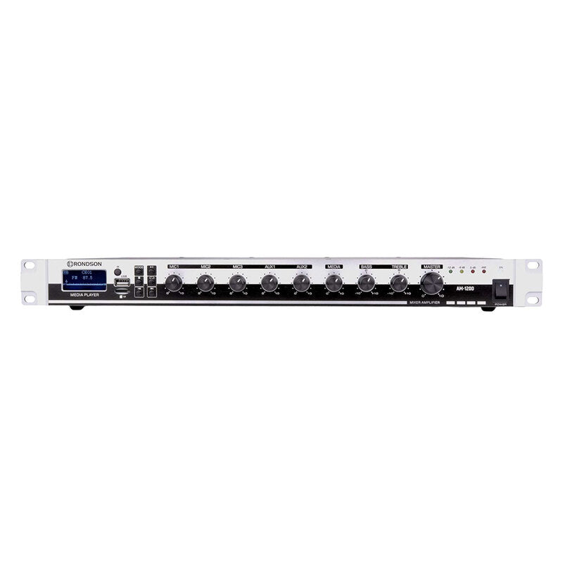 Rondson AM-120D 120 W mixer / amplifier on 100 V line, media player, ringtone and siren functions via Euroblock, telephone paging, 19" 1U rack