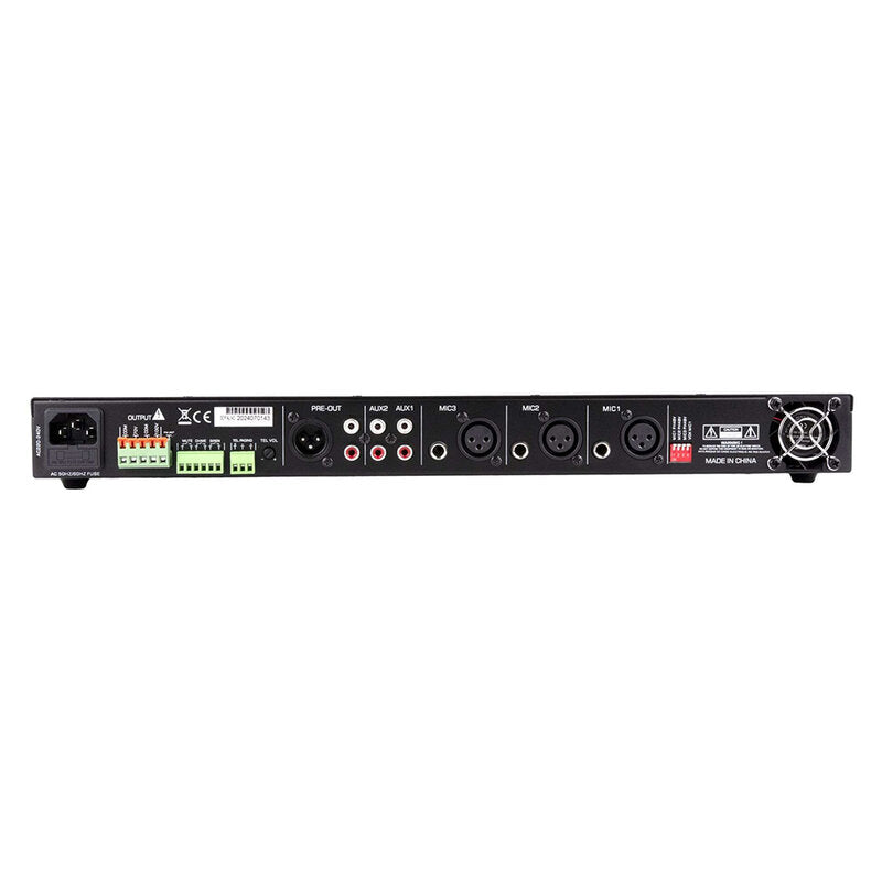Rondson AM-120D 120 W mixer / amplifier on 100 V line, media player, ringtone and siren functions via Euroblock, telephone paging, 19" 1U rack