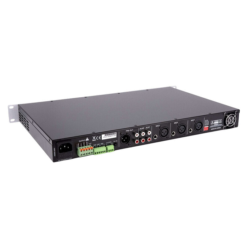 Rondson AM-120D 120 W mixer / amplifier on 100 V line, media player, ringtone and siren functions via Euroblock, telephone paging, 19" 1U rack