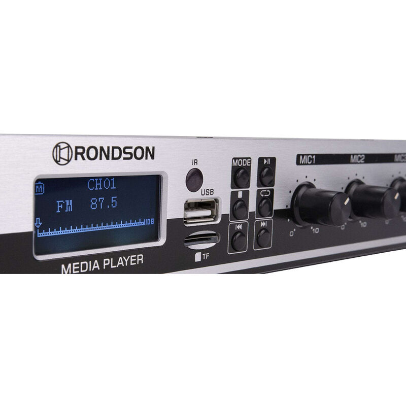 Rondson AM-120D 120 W mixer / amplifier on 100 V line, media player, ringtone and siren functions via Euroblock, telephone paging, 19" 1U rack