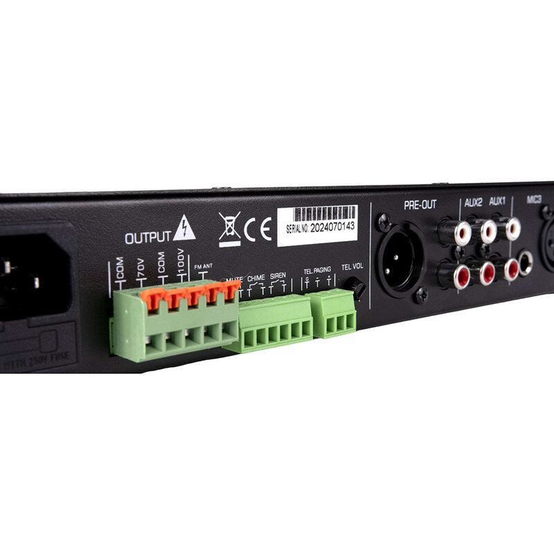 Rondson AM-120D 120 W mixer / amplifier on 100 V line, media player, ringtone and siren functions via Euroblock, telephone paging, 19" 1U rack