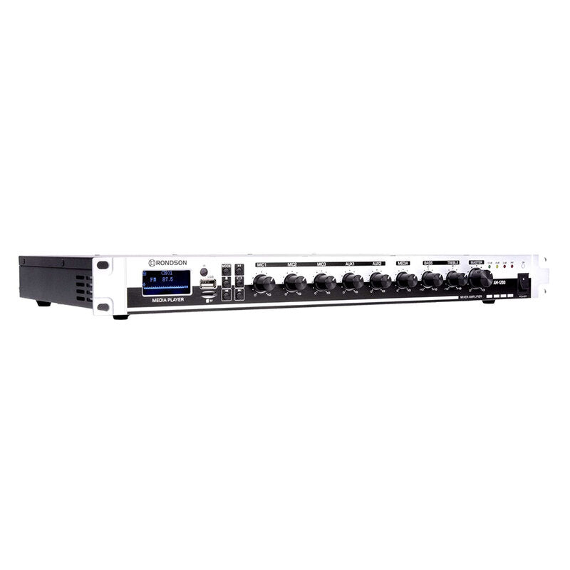 Rondson AM-120D 120 W mixer / amplifier on 100 V line, media player, ringtone and siren functions via Euroblock, telephone paging, 19" 1U rack