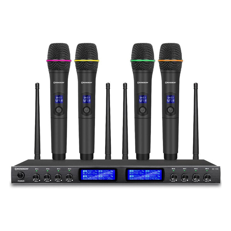 Rondson BE-1080 Radio microphone system consisting of 8 handheld transmitters and an 8-channel UHF receiver, transmission power is less than 10 mW, frequency range 520.1 to 546.5 MHz