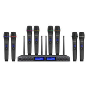 Rondson BE-1080 Radio microphone system consisting of 8 handheld transmitters and an 8-channel UHF receiver, transmission power is less than 10 mW, frequency range 520.1 to 546.5 MHz