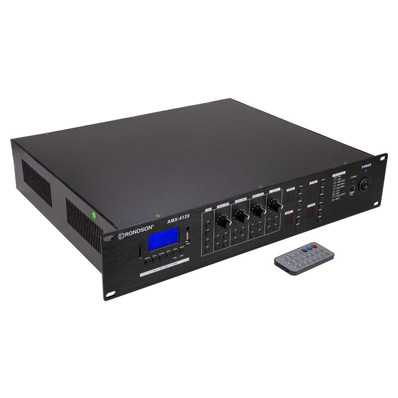 Rondson AMX-4120 120 W 4 zone mixing amplifier with integrated media player, 100 V line, DC 24 V power supply, microphone call station and compatible wall plate