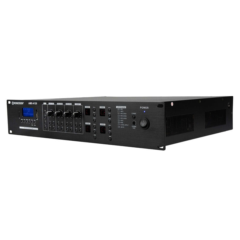 Rondson AMX-4120 120 W 4 zone mixing amplifier with integrated media player, 100 V line, DC 24 V power supply, microphone call station and compatible wall plate