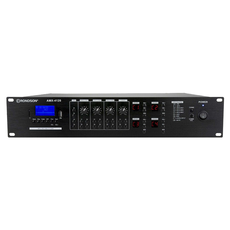 Rondson AMX-4120 120 W 4 zone mixing amplifier with integrated media player, 100 V line, DC 24 V power supply, microphone call station and compatible wall plate