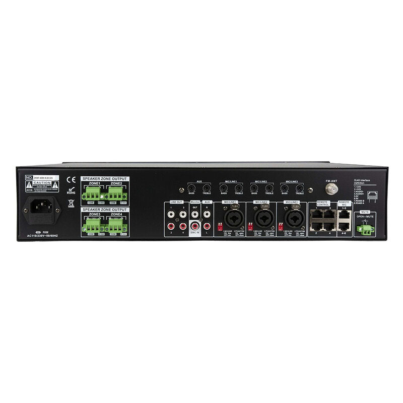 Rondson AMX-4120 120 W 4 zone mixing amplifier with integrated media player, 100 V line, DC 24 V power supply, microphone call station and compatible wall plate