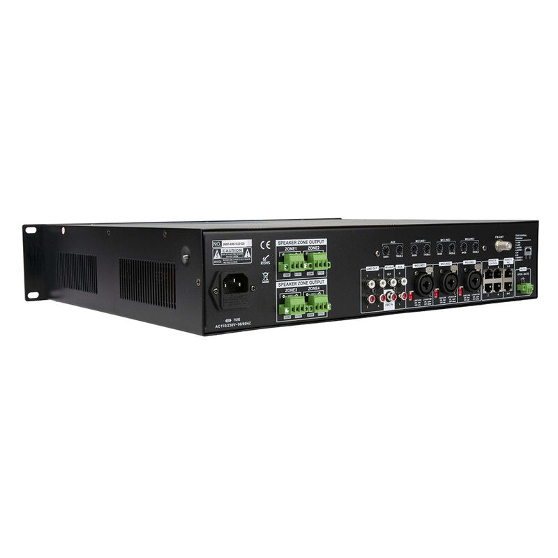 Rondson AMX-4120 120 W 4 zone mixing amplifier with integrated media player, 100 V line, DC 24 V power supply, microphone call station and compatible wall plate