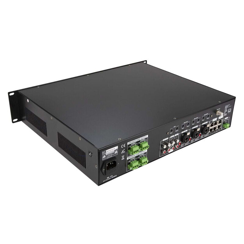 Rondson AMX-4120 120 W 4 zone mixing amplifier with integrated media player, 100 V line, DC 24 V power supply, microphone call station and compatible wall plate