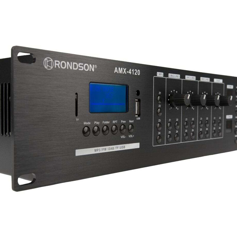 Rondson AMX-4120 120 W 4 zone mixing amplifier with integrated media player, 100 V line, DC 24 V power supply, microphone call station and compatible wall plate