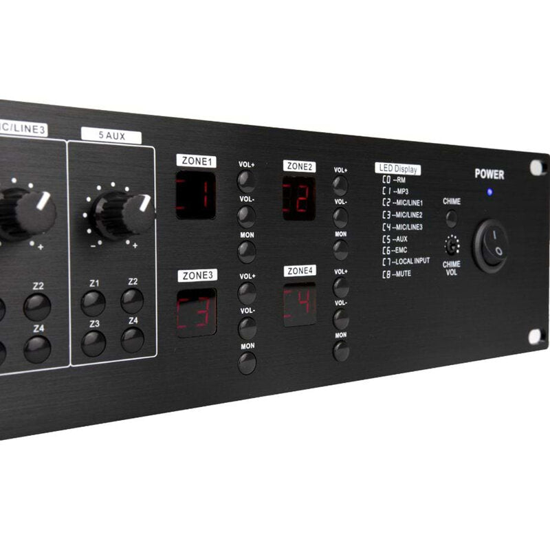 Rondson AMX-4120 120 W 4 zone mixing amplifier with integrated media player, 100 V line, DC 24 V power supply, microphone call station and compatible wall plate