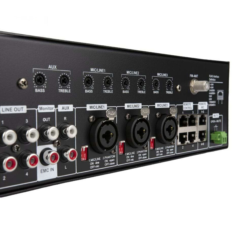 Rondson AMX-4120 120 W 4 zone mixing amplifier with integrated media player, 100 V line, DC 24 V power supply, microphone call station and compatible wall plate