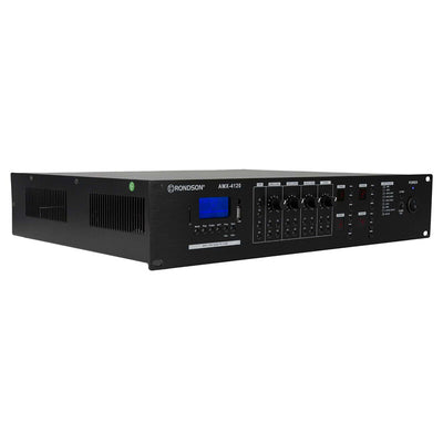 Rondson AMX-4120 120 W 4 zone mixing amplifier with integrated media player, 100 V line, DC 24 V power supply, microphone call station and compatible wall plate