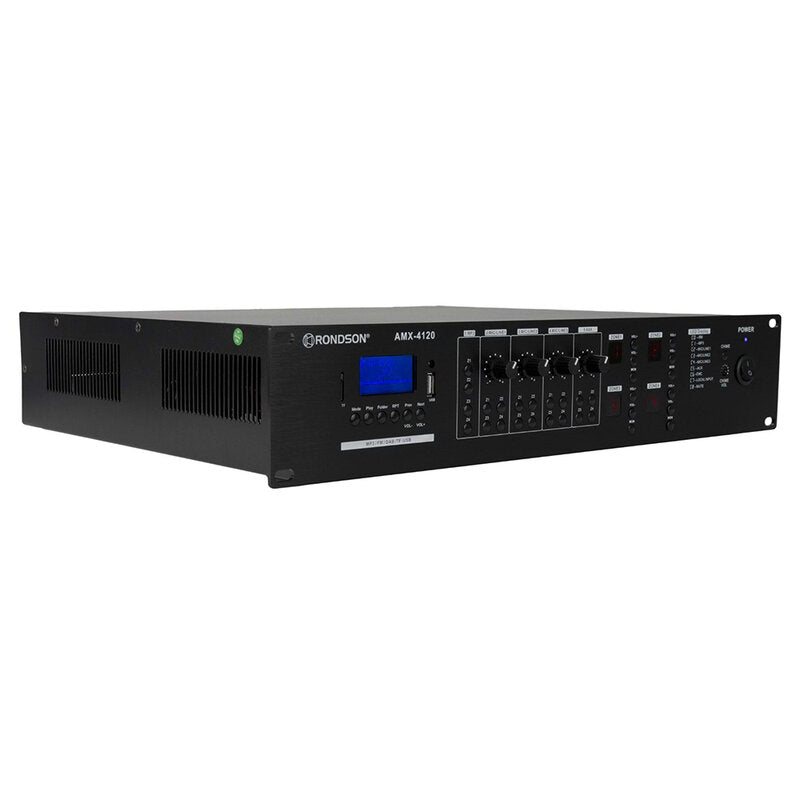 Rondson AMX-4120 120 W 4 zone mixing amplifier with integrated media player, 100 V line, DC 24 V power supply, microphone call station and compatible wall plate