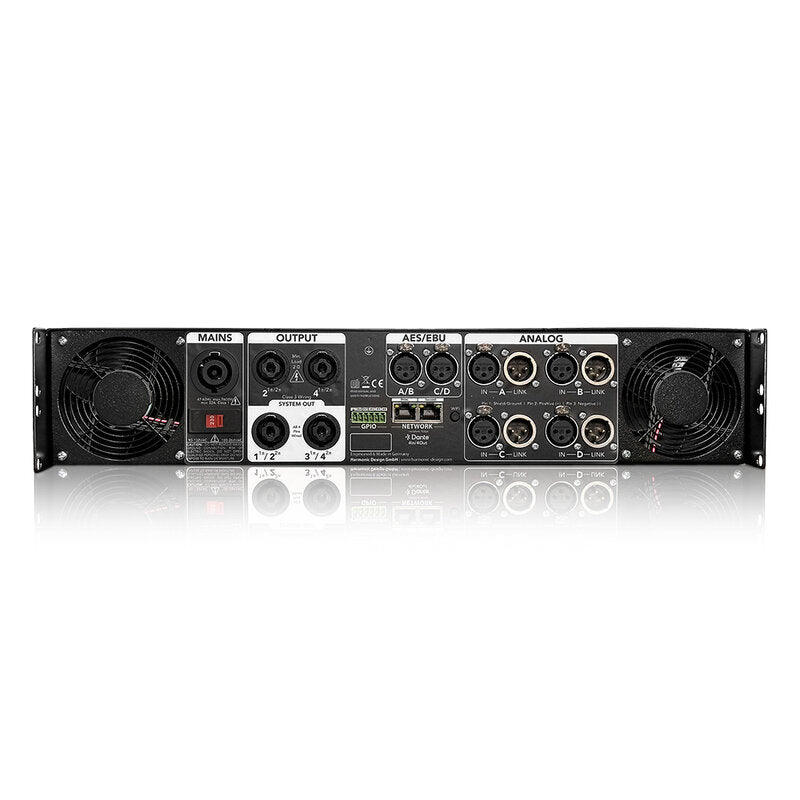Harmonic Design QT12-ETH 4 × 3000 W RMS on 4 ohm power amplifier, DSP, FIR filters, Ethernet, AES3, Dante
