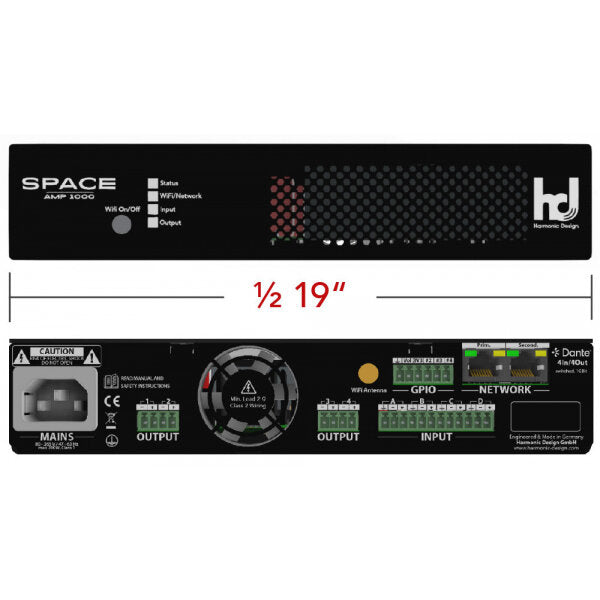 Harmonic Design SpaceAMP1000 4 x 250 W install amplifier, analog and Dante inputs, Ethernet, DSP, matrix