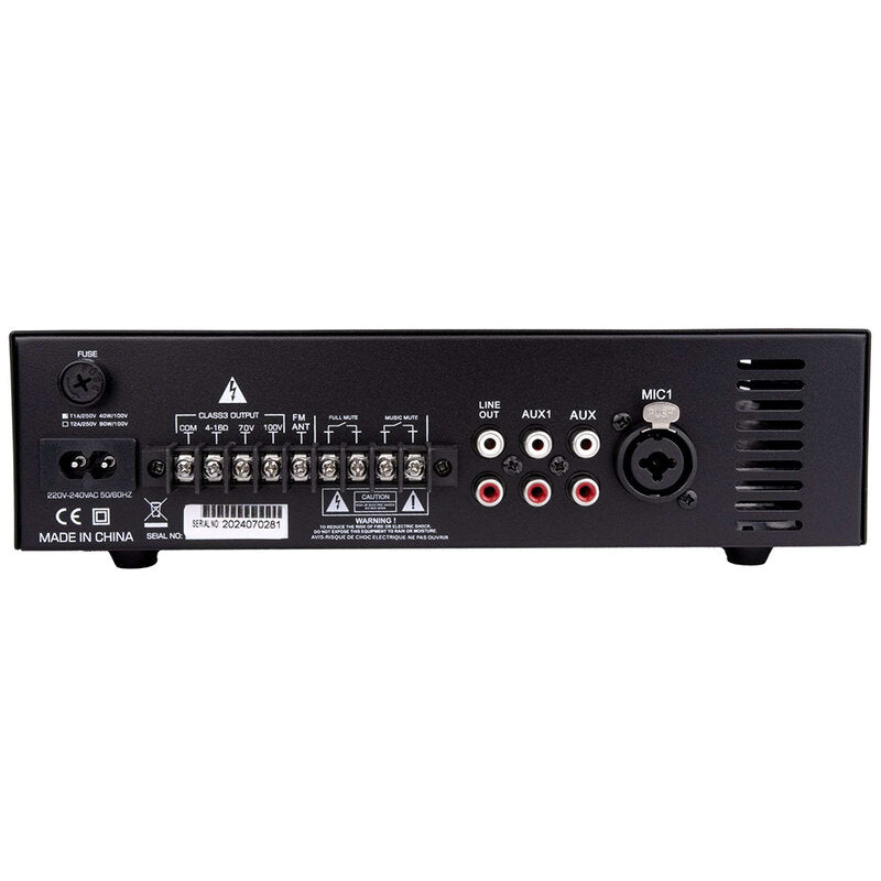 Rondson AM-40D 40 W multimedia amplifier / mixer, 70 / 100 V or low impedance loudspeaker outputs, FM tuner, USB, Bluetooth
