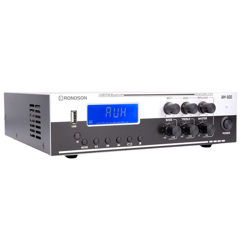 Rondson AM-40D 40 W multimedia amplifier / mixer, 70 / 100 V or low impedance loudspeaker outputs, FM tuner, USB, Bluetooth