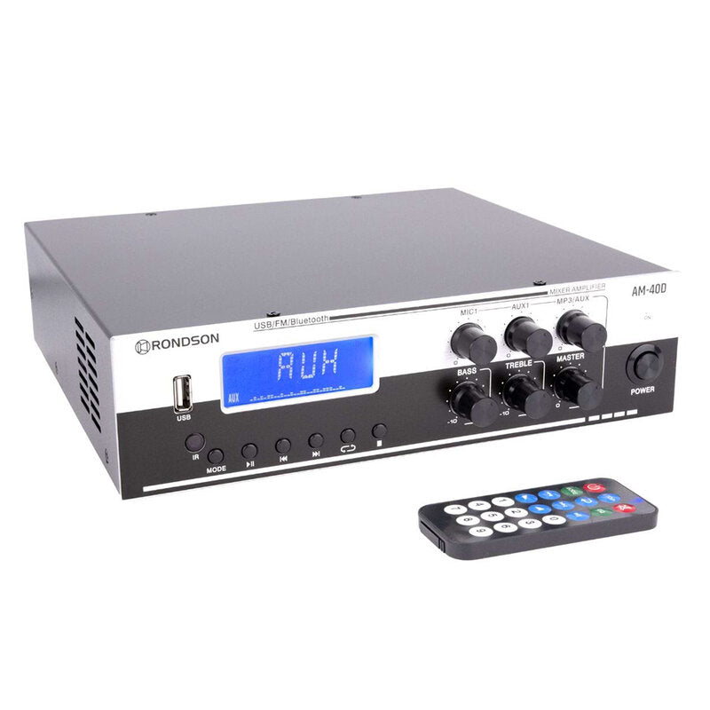 Rondson AM-40D 40 W multimedia amplifier / mixer, 70 / 100 V or low impedance loudspeaker outputs, FM tuner, USB, Bluetooth