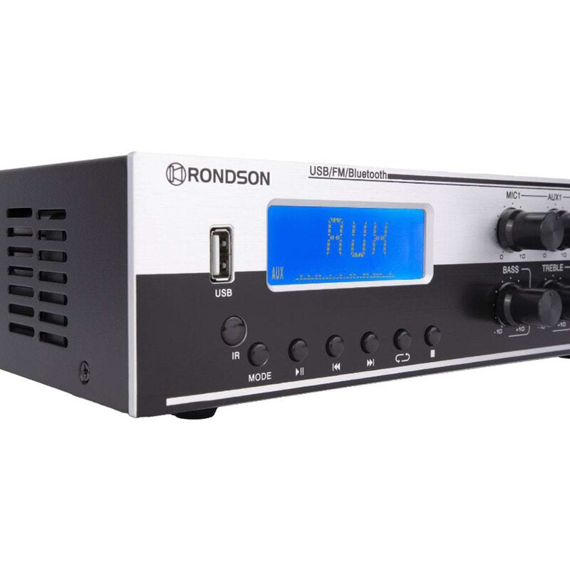 Rondson AM-40D 40 W multimedia amplifier / mixer, 70 / 100 V or low impedance loudspeaker outputs, FM tuner, USB, Bluetooth
