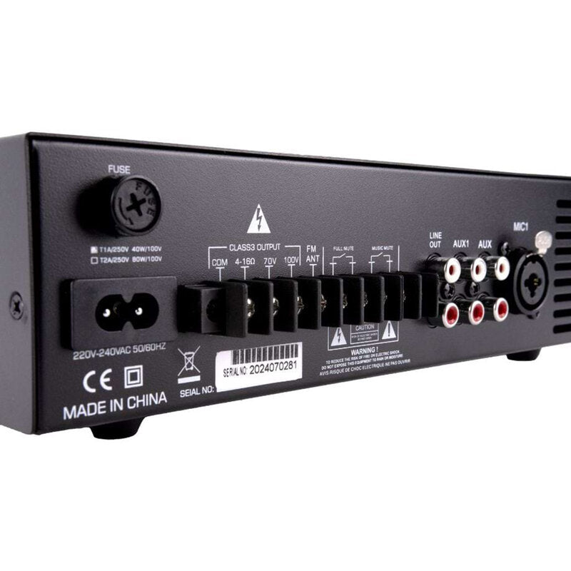 Rondson AM-40D 40 W multimedia amplifier / mixer, 70 / 100 V or low impedance loudspeaker outputs, FM tuner, USB, Bluetooth
