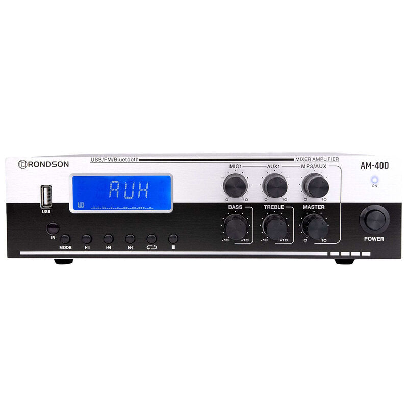 Rondson AM-40D 40 W multimedia amplifier / mixer, 70 / 100 V or low impedance loudspeaker outputs, FM tuner, USB, Bluetooth