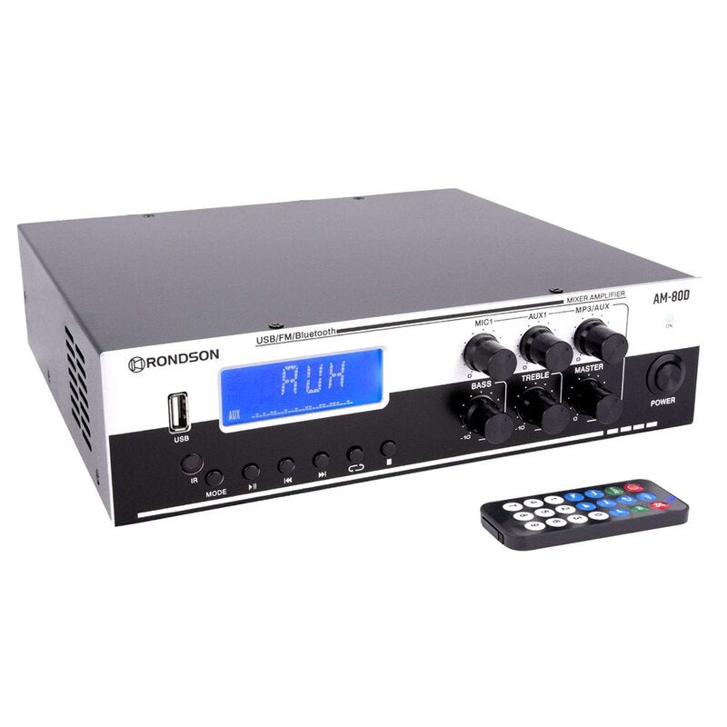 Rondson AM-80D 80 W multimedia amplifier / mixer, 70 / 100 V or low impedance loudspeaker outputs, FM tuner, USB, Bluetooth