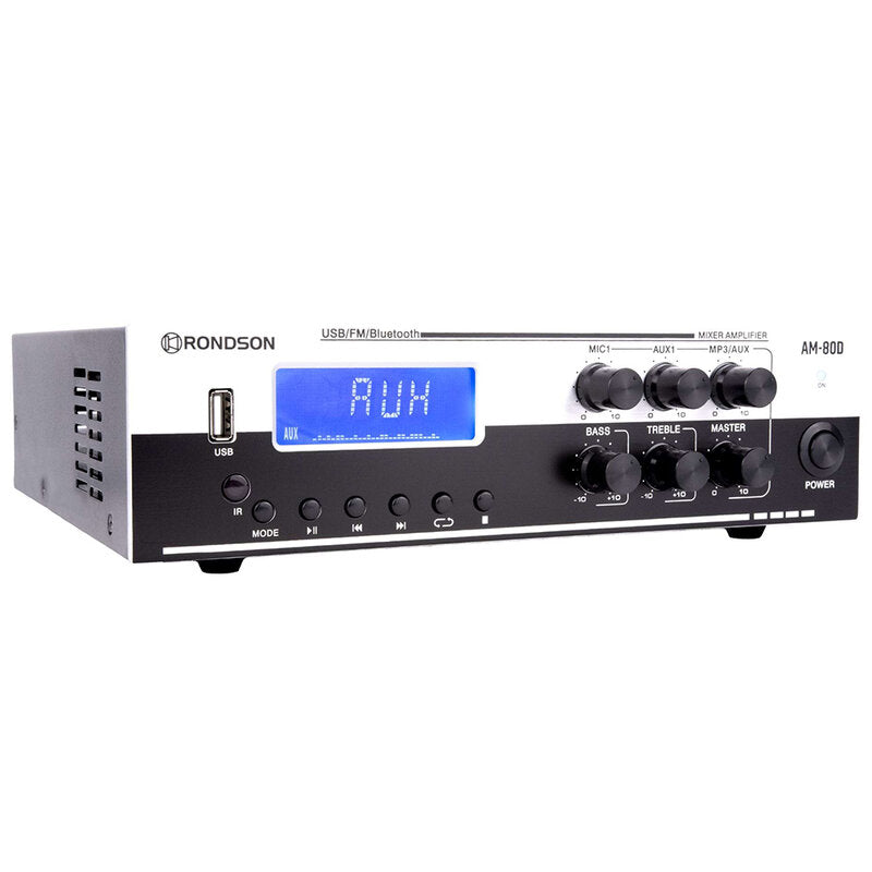 Rondson AM-80D 80 W multimedia amplifier / mixer, 70 / 100 V or low impedance loudspeaker outputs, FM tuner, USB, Bluetooth