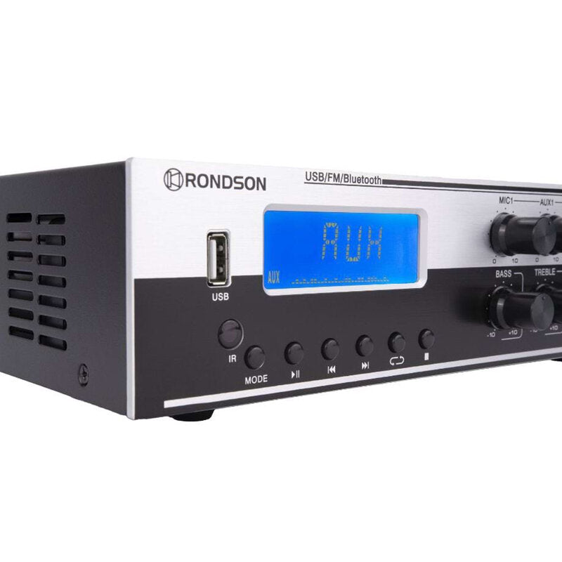 Rondson AM-80D 80 W multimedia amplifier / mixer, 70 / 100 V or low impedance loudspeaker outputs, FM tuner, USB, Bluetooth