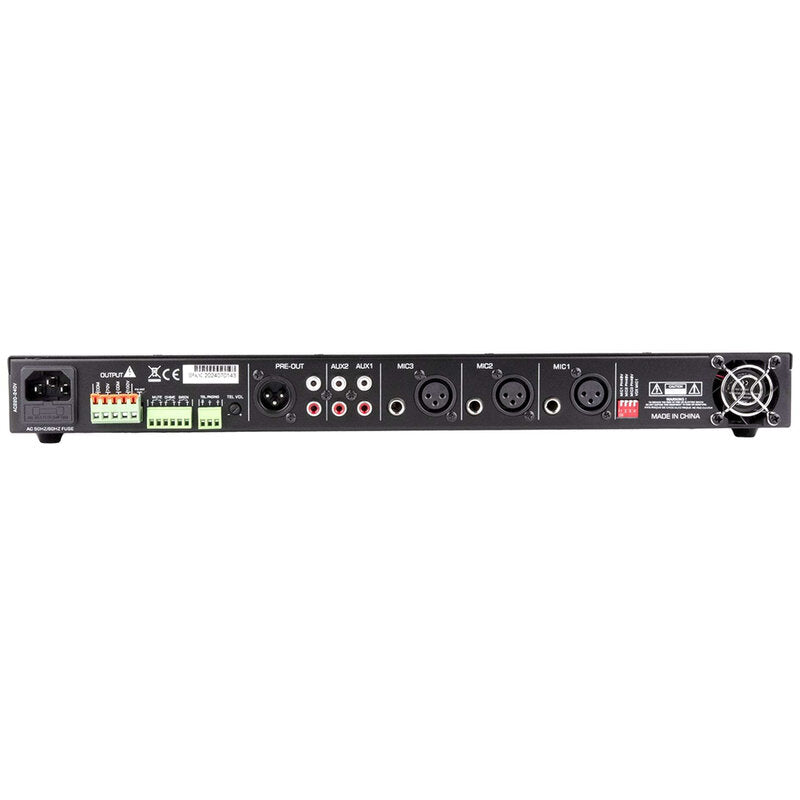 Rondson AM-240D 240 W mixer / amplifier on 100 V line, media player, ringtone and siren functions via Euroblock, telephone paging, 19" 1U rack