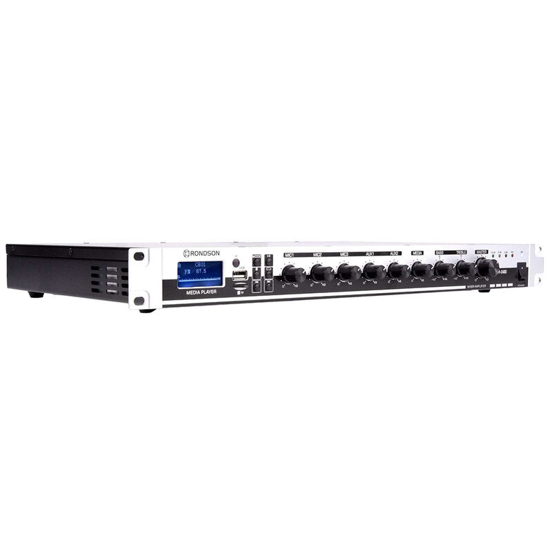 Rondson AM-240D 240 W mixer / amplifier on 100 V line, media player, ringtone and siren functions via Euroblock, telephone paging, 19" 1U rack