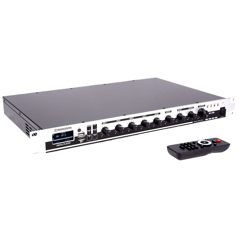 Rondson AM-240D 240 W mixer / amplifier on 100 V line, media player, ringtone and siren functions via Euroblock, telephone paging, 19" 1U rack