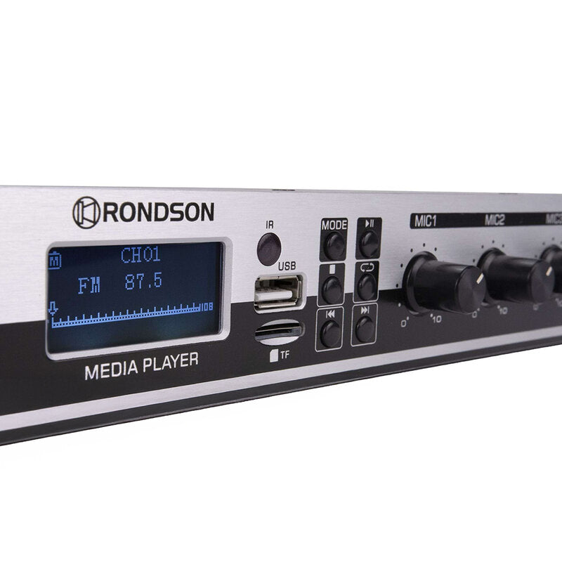 Rondson AM-240D 240 W mixer / amplifier on 100 V line, media player, ringtone and siren functions via Euroblock, telephone paging, 19" 1U rack