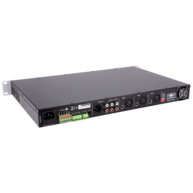 Rondson AM-240D 240 W mixer / amplifier on 100 V line, media player, ringtone and siren functions via Euroblock, telephone paging, 19" 1U rack