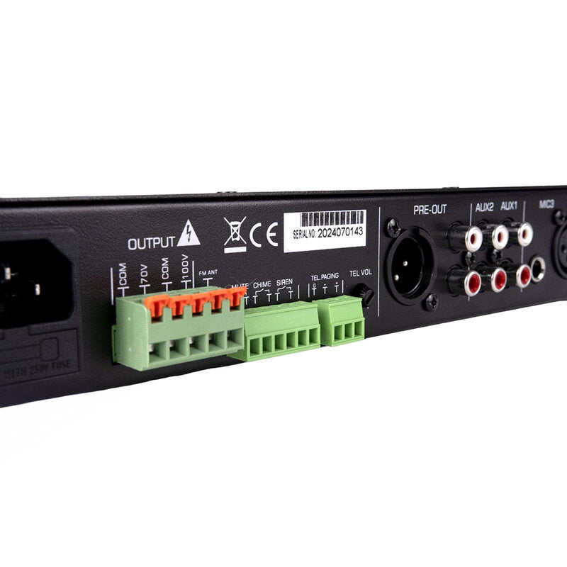 Rondson AM-240D 240 W mixer / amplifier on 100 V line, media player, ringtone and siren functions via Euroblock, telephone paging, 19" 1U rack