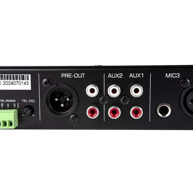 Rondson AM-240D 240 W mixer / amplifier on 100 V line, media player, ringtone and siren functions via Euroblock, telephone paging, 19" 1U rack