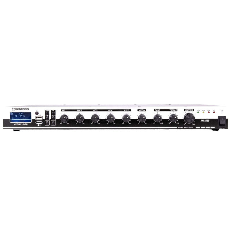 Rondson AM-240D 240 W mixer / amplifier on 100 V line, media player, ringtone and siren functions via Euroblock, telephone paging, 19" 1U rack