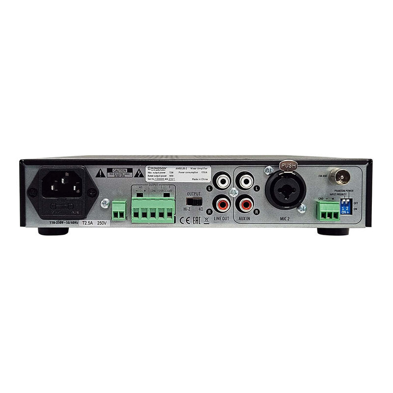 Rondson AM60UB-2 60 W multimedia installation amplifier / mixer supporting Bluetooth, USB, micro SD, and AM / FM tuner, 70 / 100 V or 4 ohm compatibility, dual MIC inputs, RCA AUX / line connections