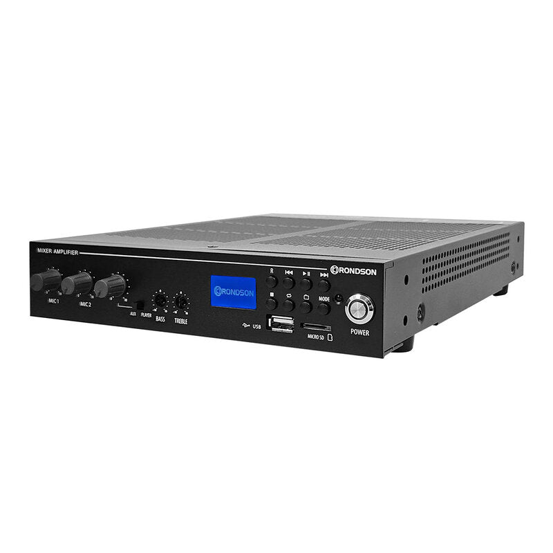 Rondson AM60UB-2 60 W multimedia installation amplifier / mixer supporting Bluetooth, USB, micro SD, and AM / FM tuner, 70 / 100 V or 4 ohm compatibility, dual MIC inputs, RCA AUX / line connections