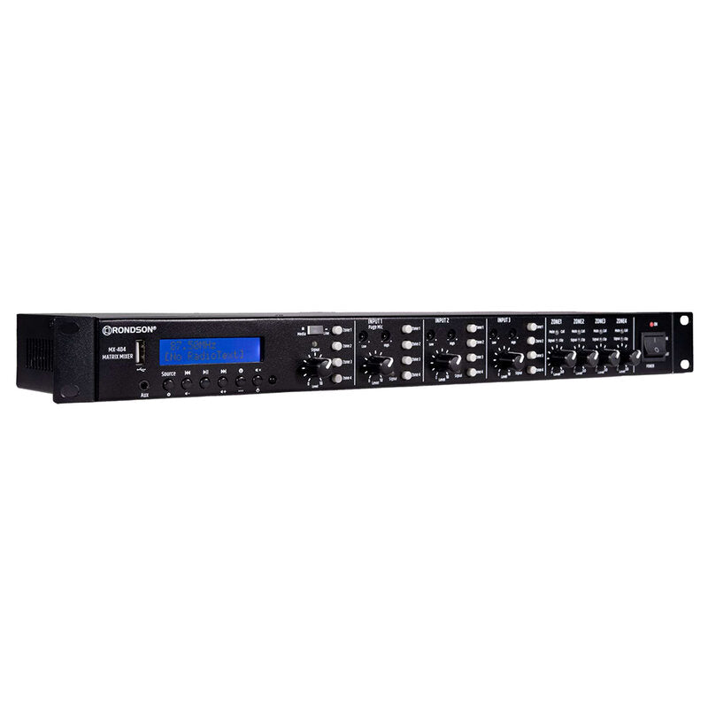 Rondson MX-404 4 channel mixing preamplifier (4 inputs / 4 outputs), up to four audio zones,  built-in media player with FM / DAB radio, USB port and Bluetooth