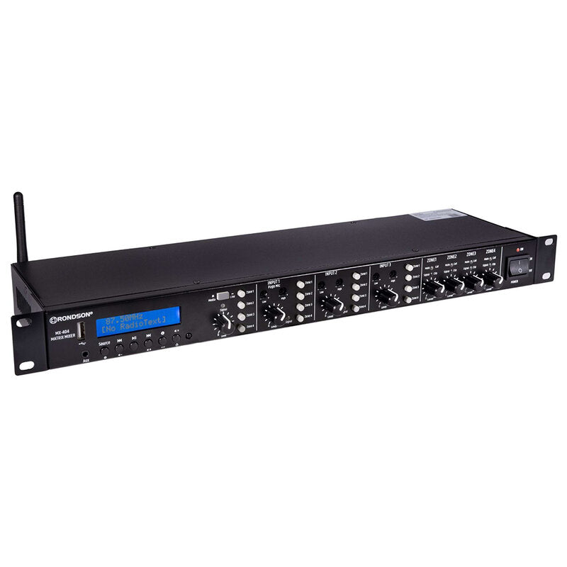 Rondson MX-404 4 channel mixing preamplifier (4 inputs / 4 outputs), up to four audio zones,  built-in media player with FM / DAB radio, USB port and Bluetooth