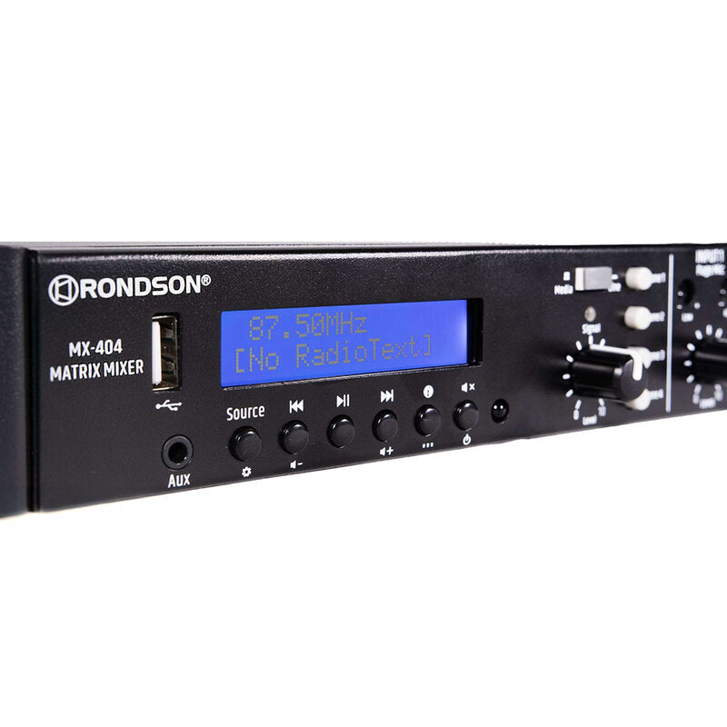 Rondson MX-404 4 channel mixing preamplifier (4 inputs / 4 outputs), up to four audio zones,  built-in media player with FM / DAB radio, USB port and Bluetooth